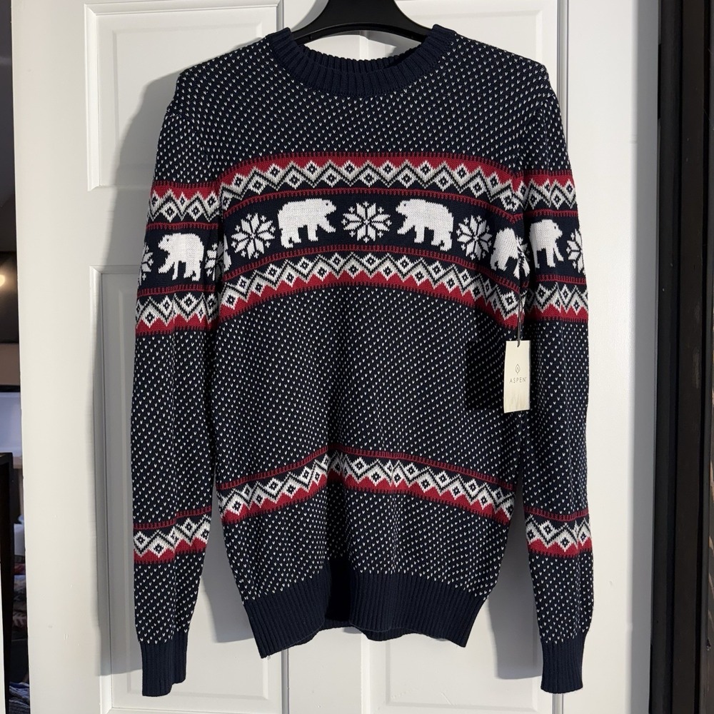 NWT Aspen Sweater Men's Small Blue Red White Polar Bear Snowflake Holiday‎